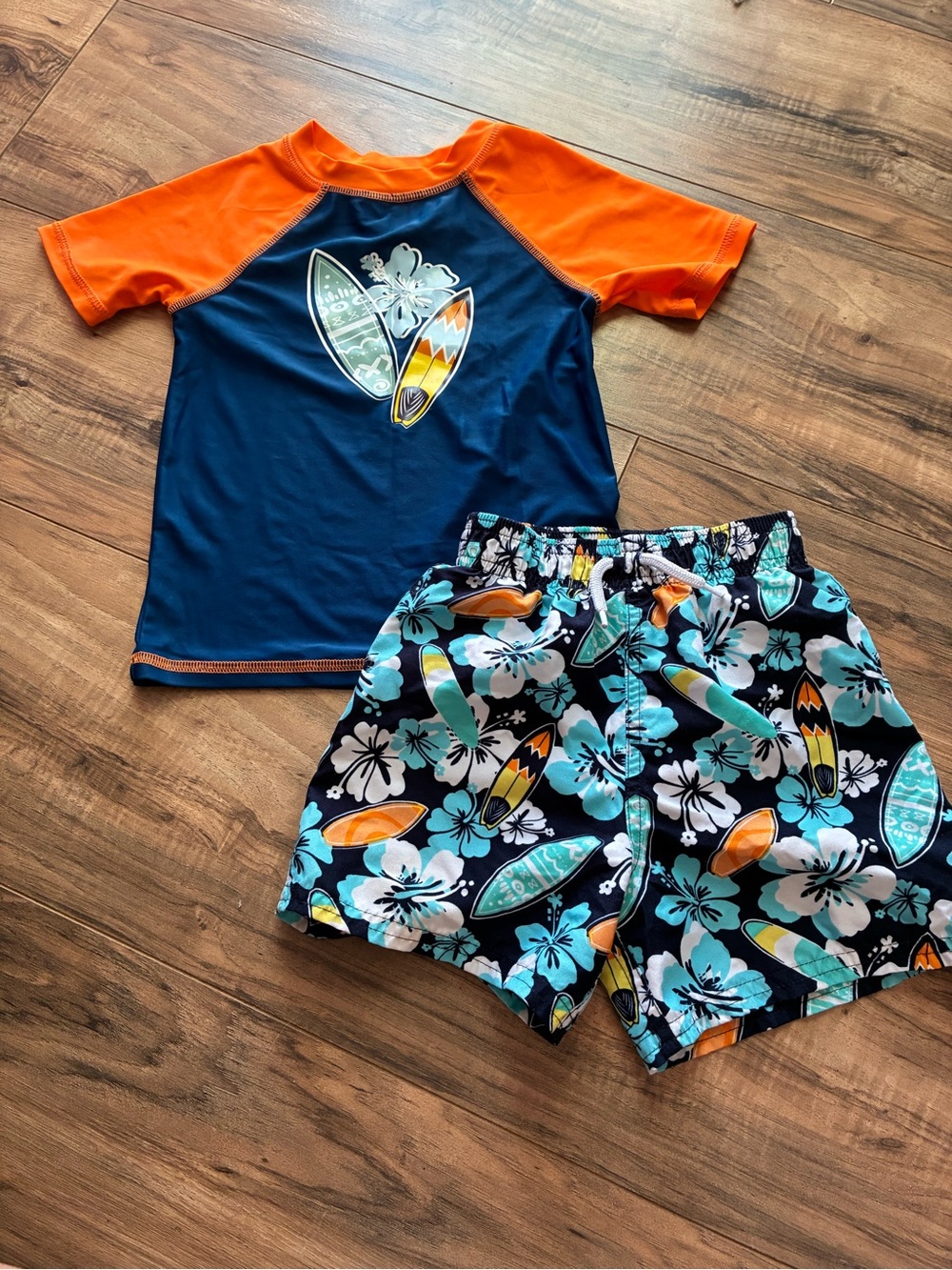 Floatimini Navy and Orange Kids Swim Set with Surf Floral Shorts